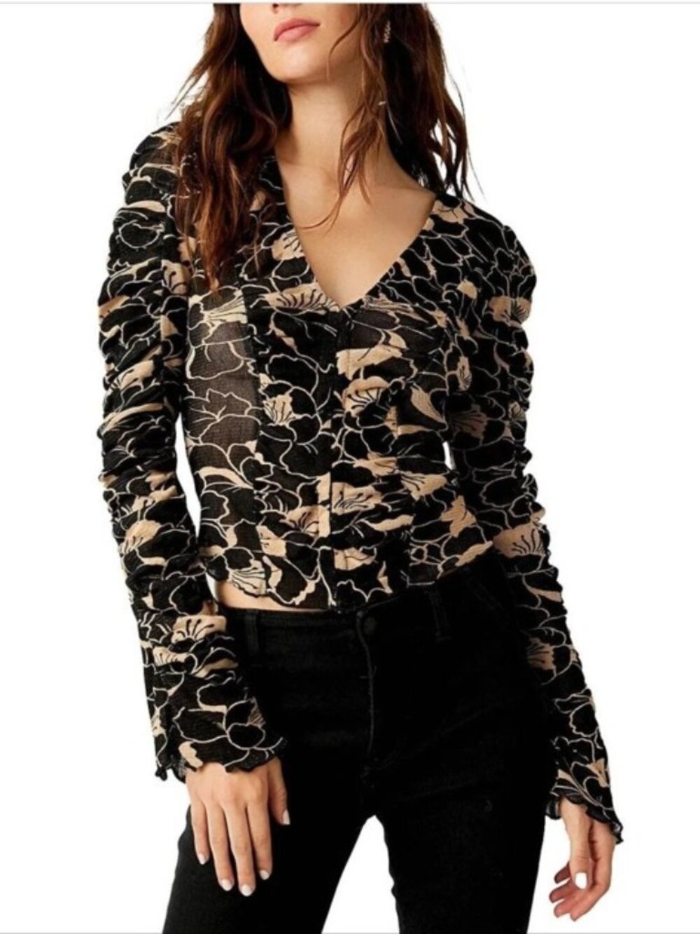Free People Through The Meadow Mesh Rushed Top Black Tan Hook Eye Closure XS